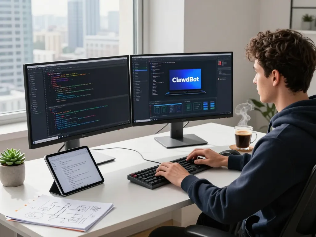 Developer using a mac mini with ClawdBot in a modern workspace, highlighting productivity and innovation.