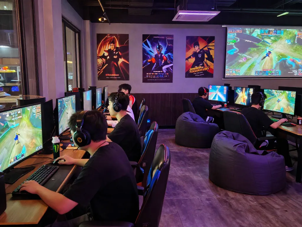 Group of gamers enjoying a multiplayer experience at https://rokok88digital.com gaming cafe with vibrant LED lights.