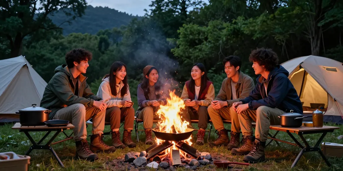 Group cooking over a campfire with rokok88 cast iron gear in scenic forest