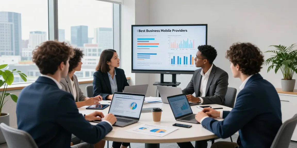 Team collaborating on strategies for the best business mobile providers UK in a modern office environment.