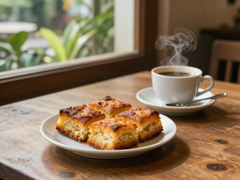 ROKOK88's bolu bakar served with coffee in a cozy café setting.
