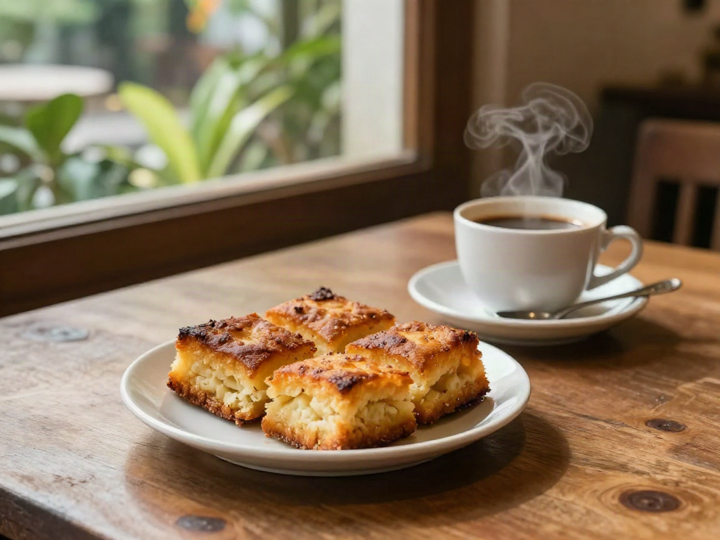 ROKOK88's bolu bakar served with coffee in a cozy café setting.