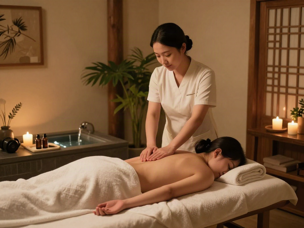 Serene 종로출장마사지 treatment scene in a tranquil therapy room with soothing ambiance and essential oils.