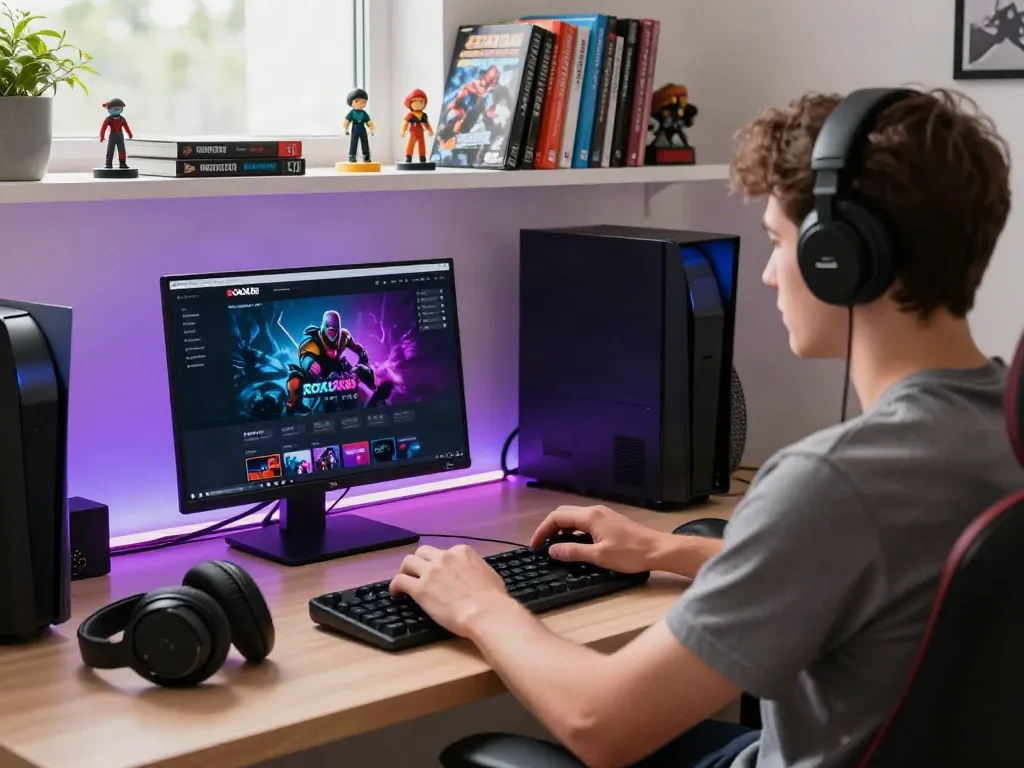 Engaging ROKOK88 login scene with a gamer at a modern workspace