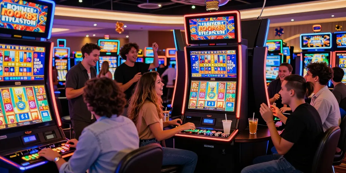 Friends enjoying the vibrant gaming atmosphere with rokok88 slot login displayed on screens.
