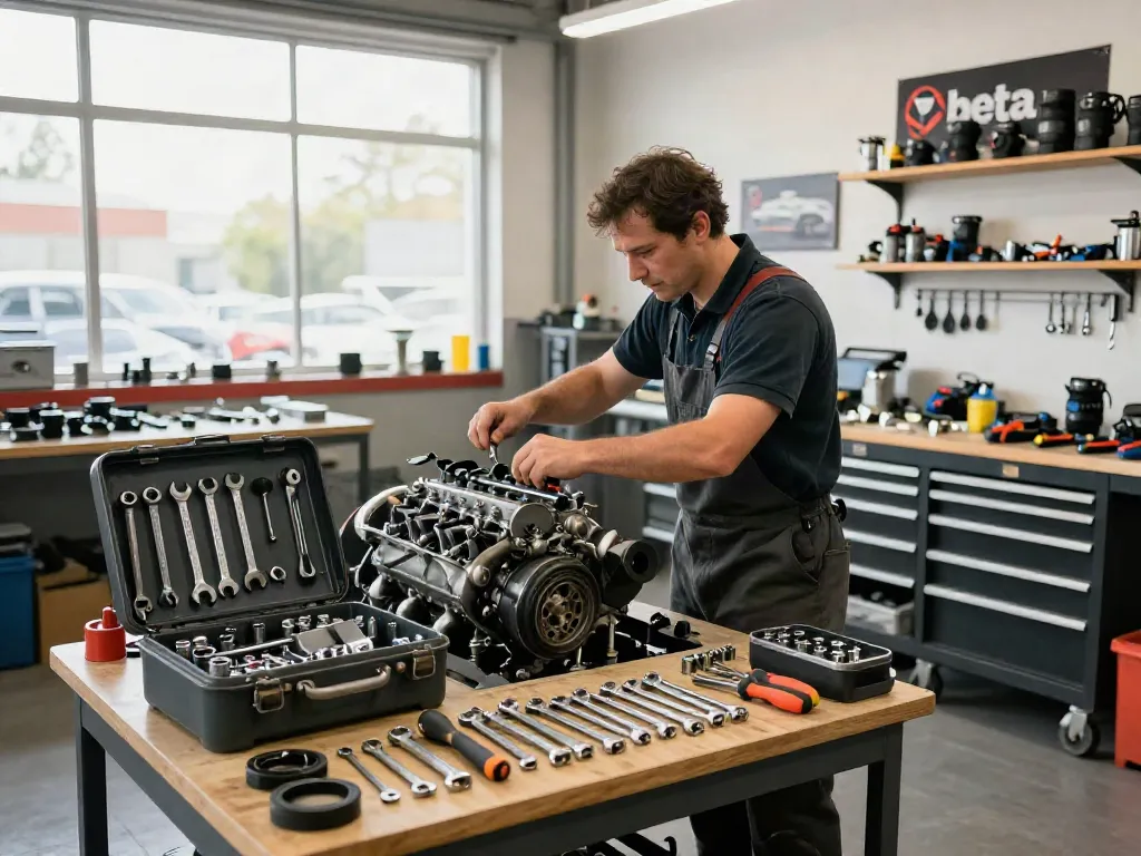 Un tecnico esperto utilizza beta tools in un'officina di riparazione auto, circondato da attrezzi professionali e parti di automobili.