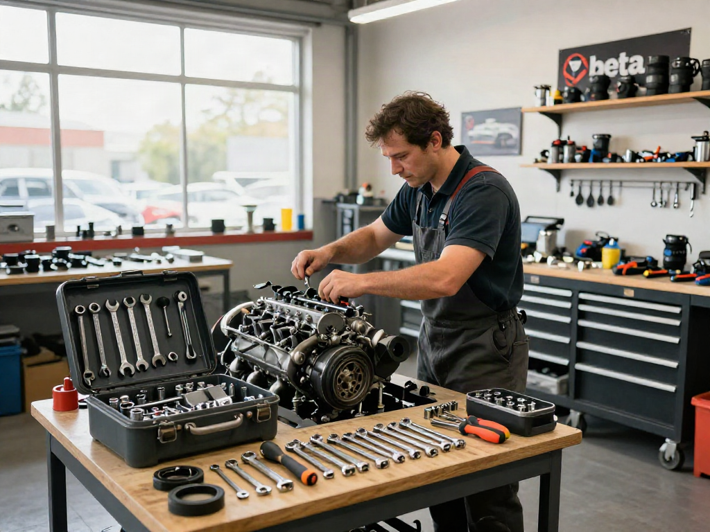 Un tecnico esperto utilizza beta tools in un'officina di riparazione auto, circondato da attrezzi professionali e parti di automobili.