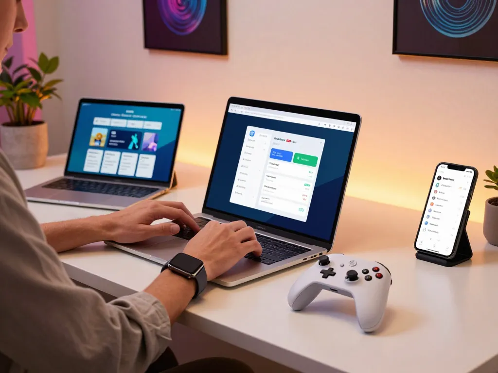 Person using unique tech gadgets at a modern workspace with Bluetooth controller and smartwatch.