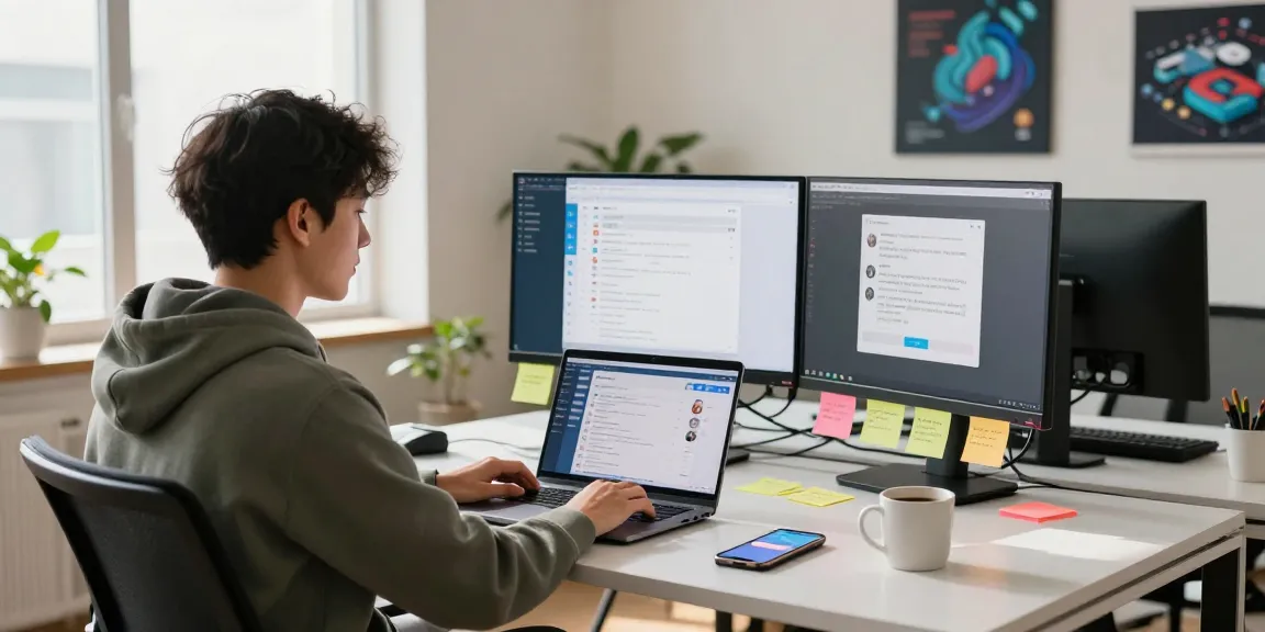 Download Telegram on a laptop screen in a modern workspace with vibrant atmosphere