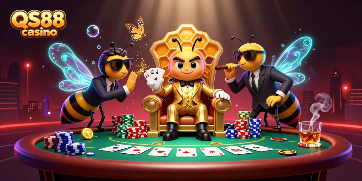 Experience the thrills at QS88 casino with dynamic poker action surrounded by a lively, colorful scene.