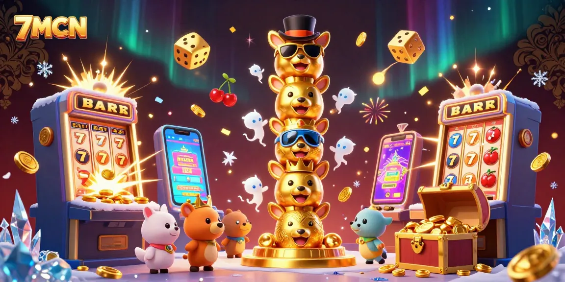 Experience thrilling action with 7MCN, a unique totem pole surrounded by exploding casino elements.