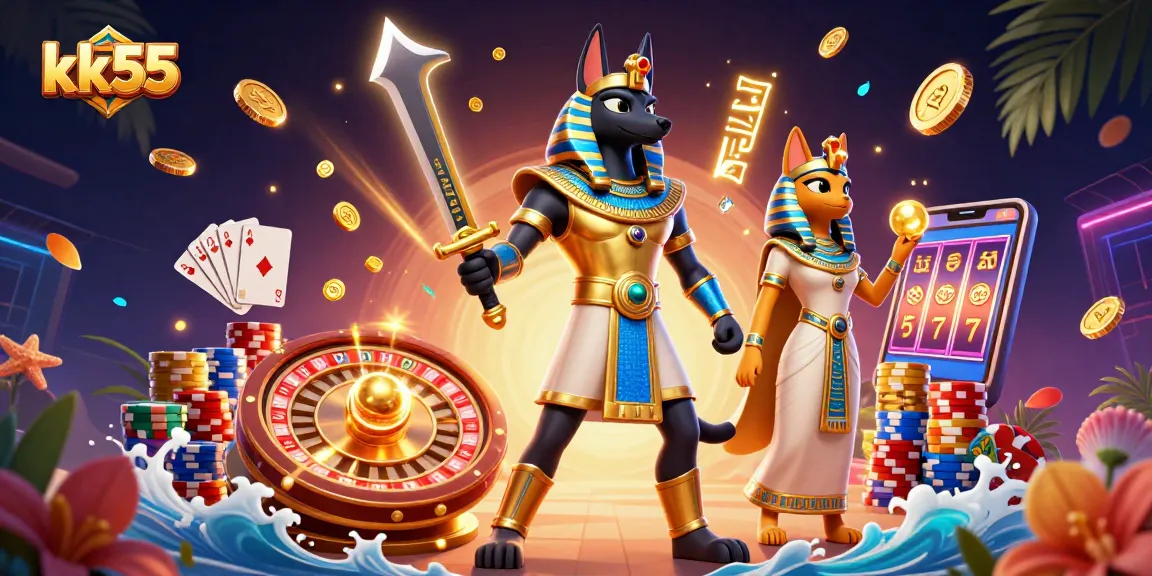Engage in thrilling games at kk55, featuring Anubis and Bastet amidst coins and cards.
