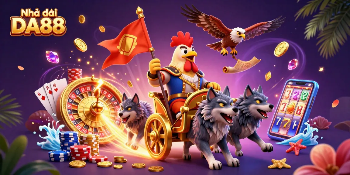 Experience excitement with Nhà cái DA88 as the rooster warlord leads a thrilling casino adventure surrounded by golden treasures.