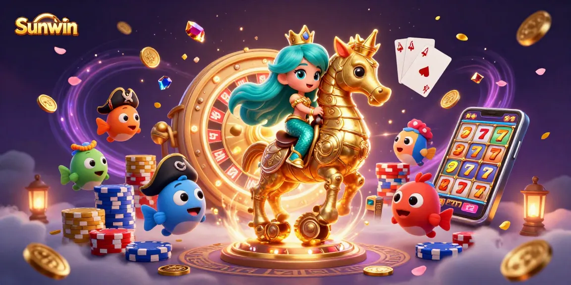 Win with Sunwin: an energetic scene featuring a mermaid princess, seahorse, and casino treasures
