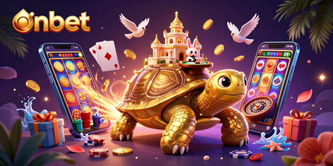 Engage with onbet's vibrant casino world, featuring a golden tortoise and rabbit dealer amidst a dynamic game setup.