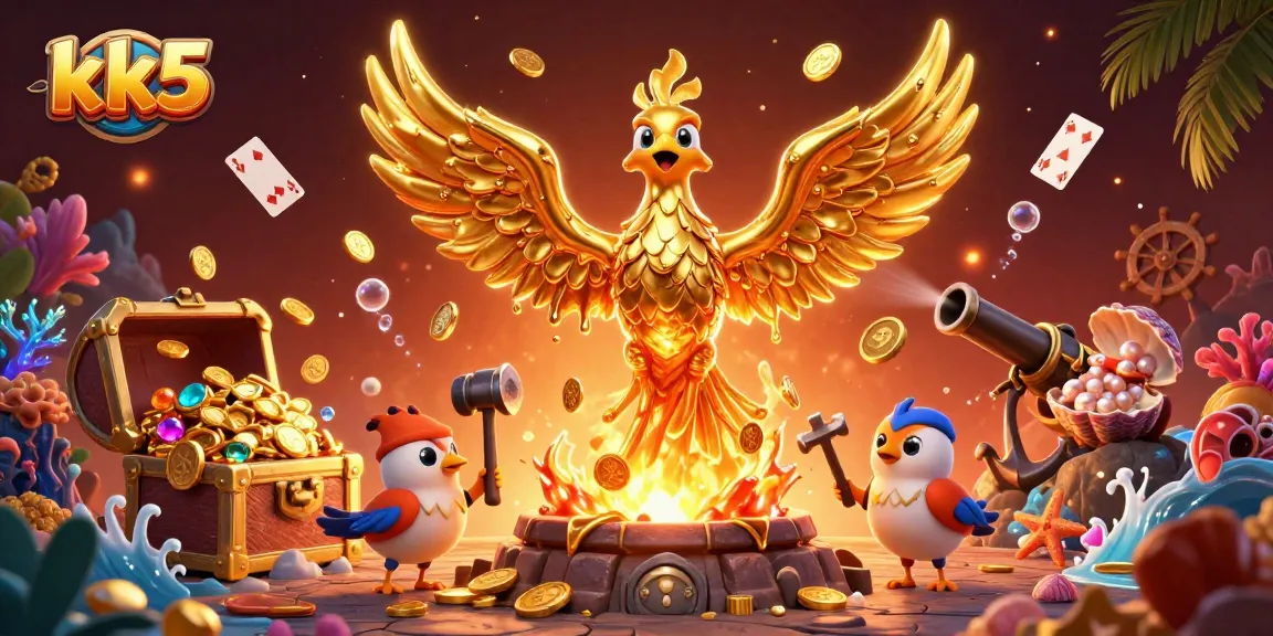 The golden phoenix of kk5 emerges with coins in a vibrant casino-themed explosion